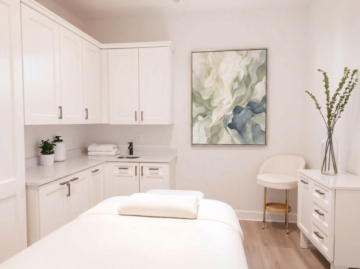 Bright, minimal bodywork room with massage table, white cabinetry, and a small plant